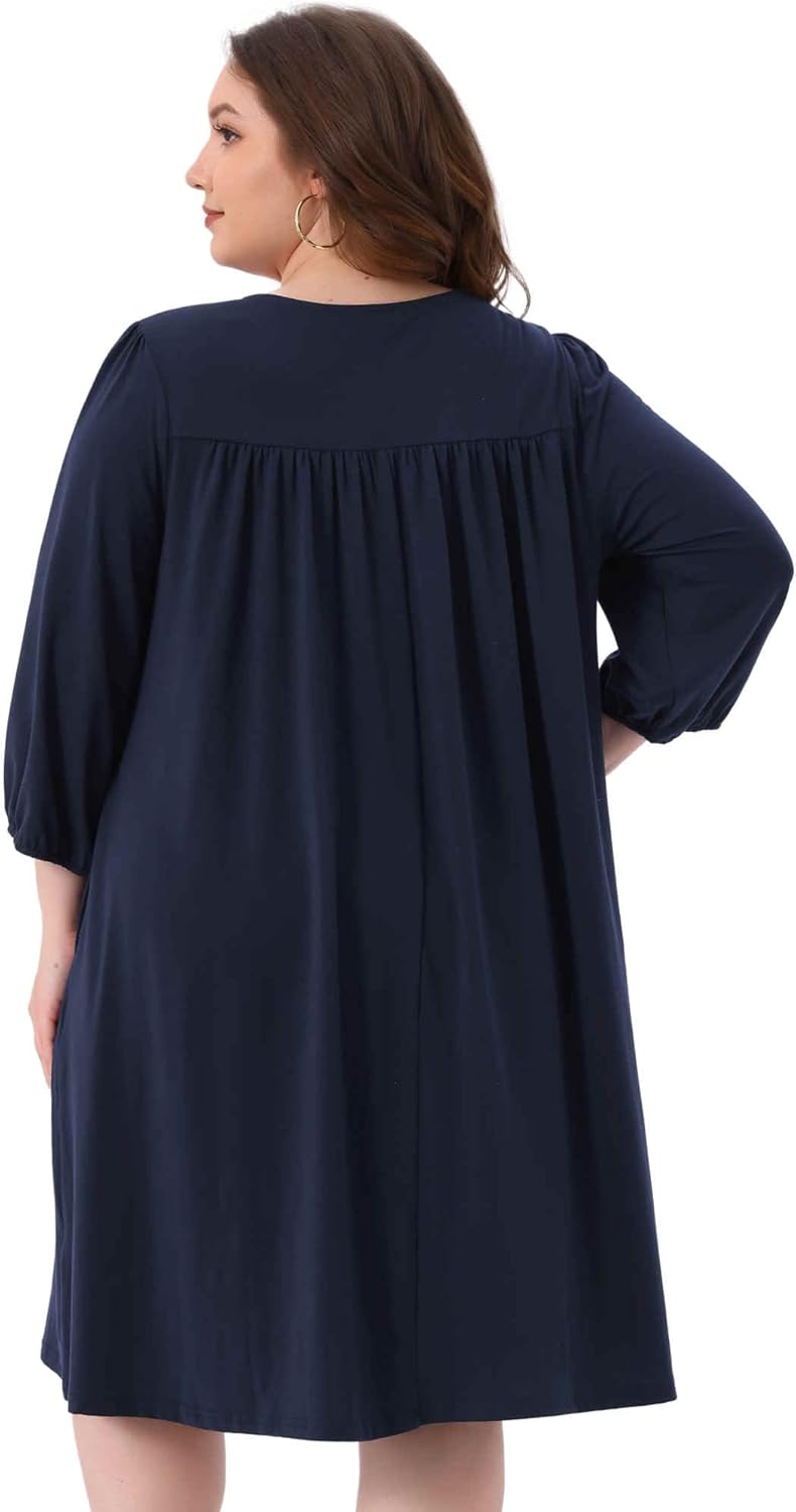 Agnes Orinda Plus Size Summer Dress for Women Eyelet Hollow Out Notched V Neck 3/4 Sleeve Midi t Shirt Dress with Pockets - Image 4