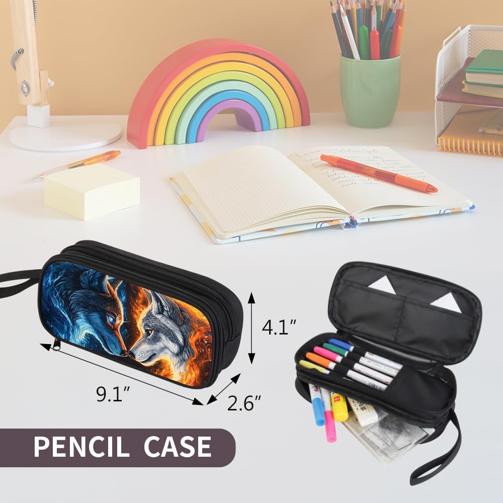 Kids Backpack for Boys Girls - 3pcs 17″ Boys Backpack with Lunch Box Set for Toddle Elementary Middle School - Students Bag for Ages 6-18 Wolf Bookbag Travel Back Pack