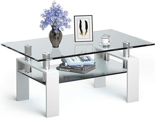 Miniatura 10 de Tangkula Mesa auxiliar rectangular de cristal, mesa auxiliar moderna con estante inferior, mesa de vidrio templado y patas de metal, adecuada para