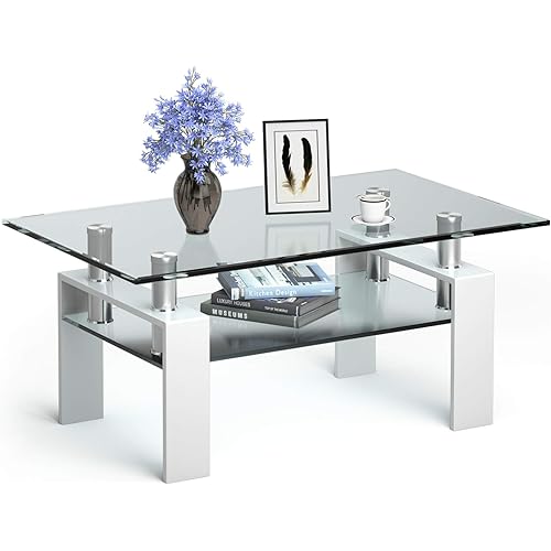 Tangkula Rectangular Glass Coffee Table, Modern Side Coffee Table w/Lower Shelf, Tempered Glass Tabletop & Metal Legs, Suitable for Living Room Office (White)