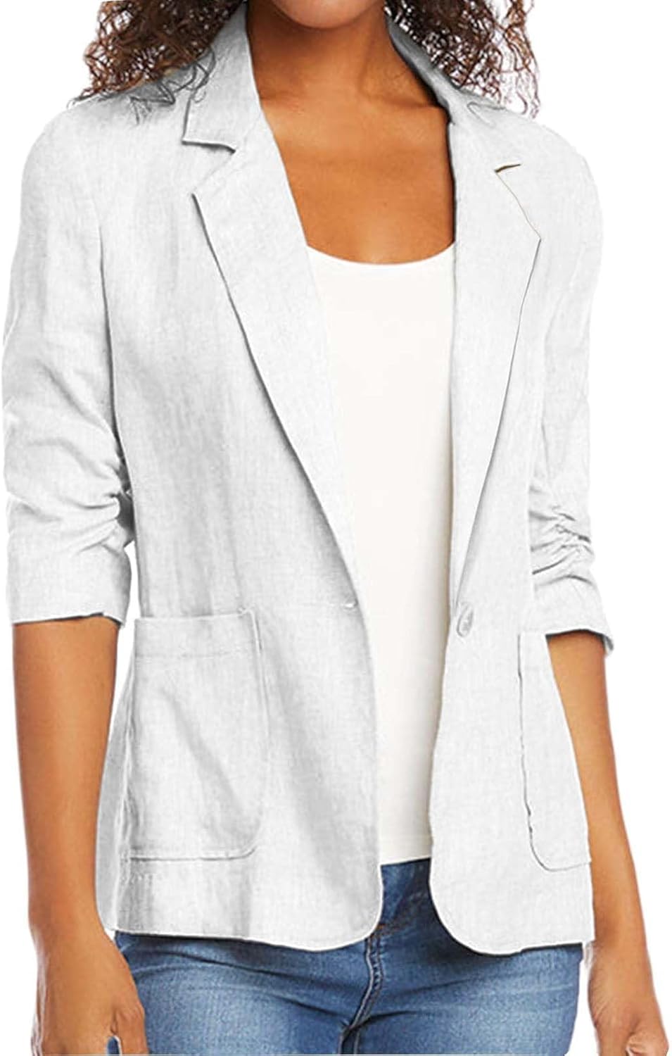 linen blazer women 3/4 sleeve Ruched One Button Lightweight plus size Slim Casual Work Office Jacket with Pockets