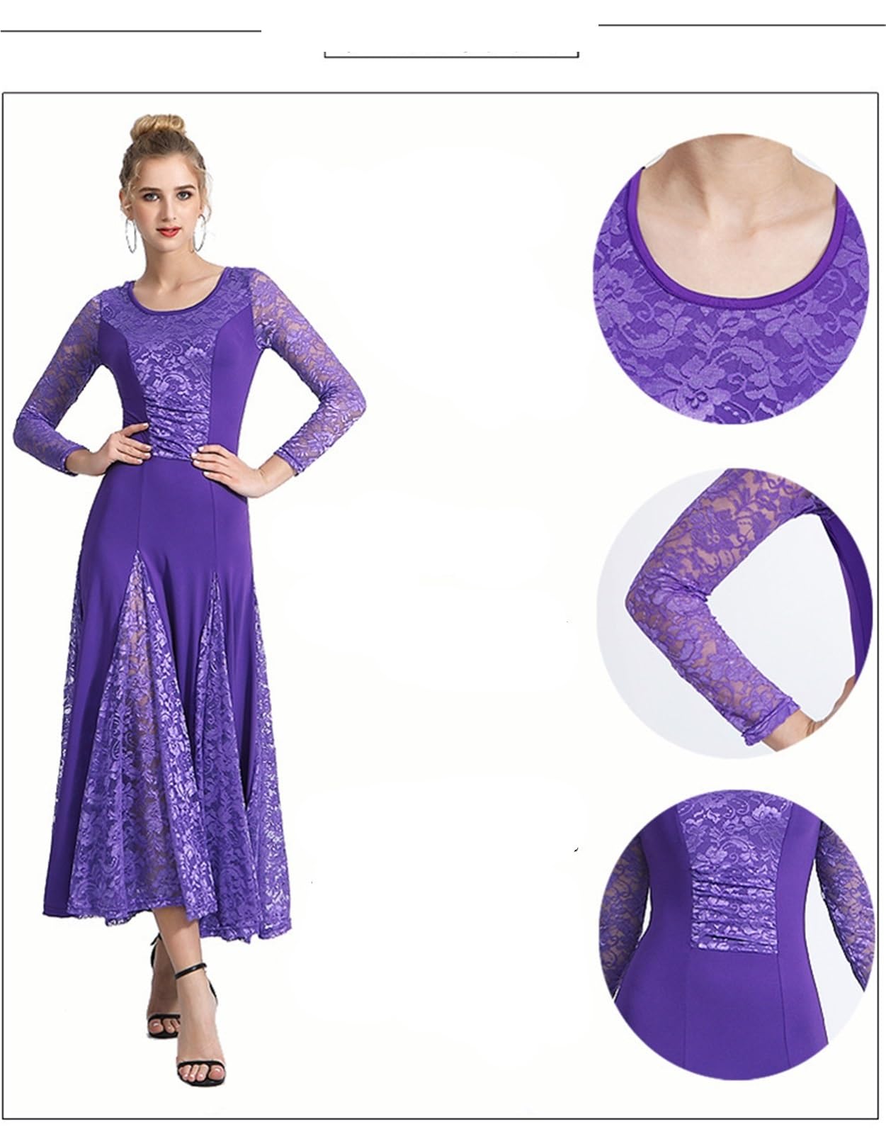 Vestido de vals Manga Larga con Encaje, Moderno Vestido competición, Ropa Baile salón for Mujer