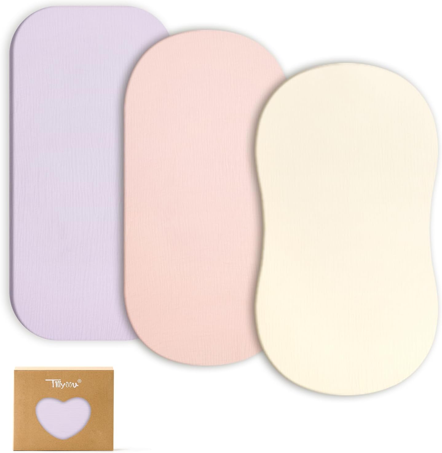 TILLYOU Muslin Bassinet Sheets for Baby Boys Girls 3 Pack, Soft Breathable Elastic Cotton Bassinet Mattress Sheets, Fit Hourglass Oval Rectangle Cradle Mattress, 33"X17",Pink Purple