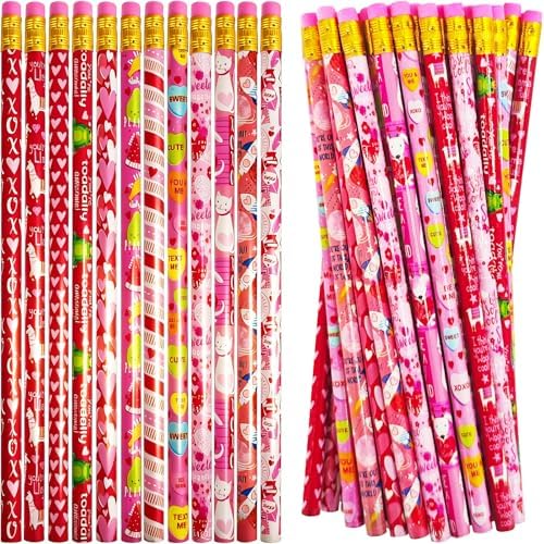 Bvrbaory 72 Pcs Valentine's Day Pencils with Erasers,Pink Wood Valentines Pencils,Bulk Love Heart Pencil for Goodie Bags Fillers,Party Favors(12 Styles)