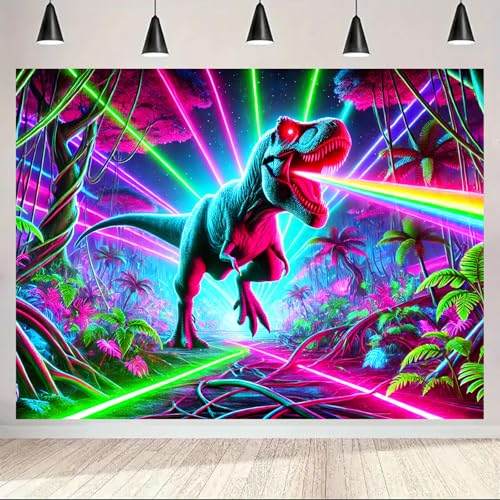 Image of BlissYard Blacklight Tapestry 78x59 Inch Laser Dinosaur Tapestry Trippy Jungle Neon Wall Art UV Reactive Glow in the Dark T Rex Poster for Bedroom Dorm Party Wall Hanging Decor