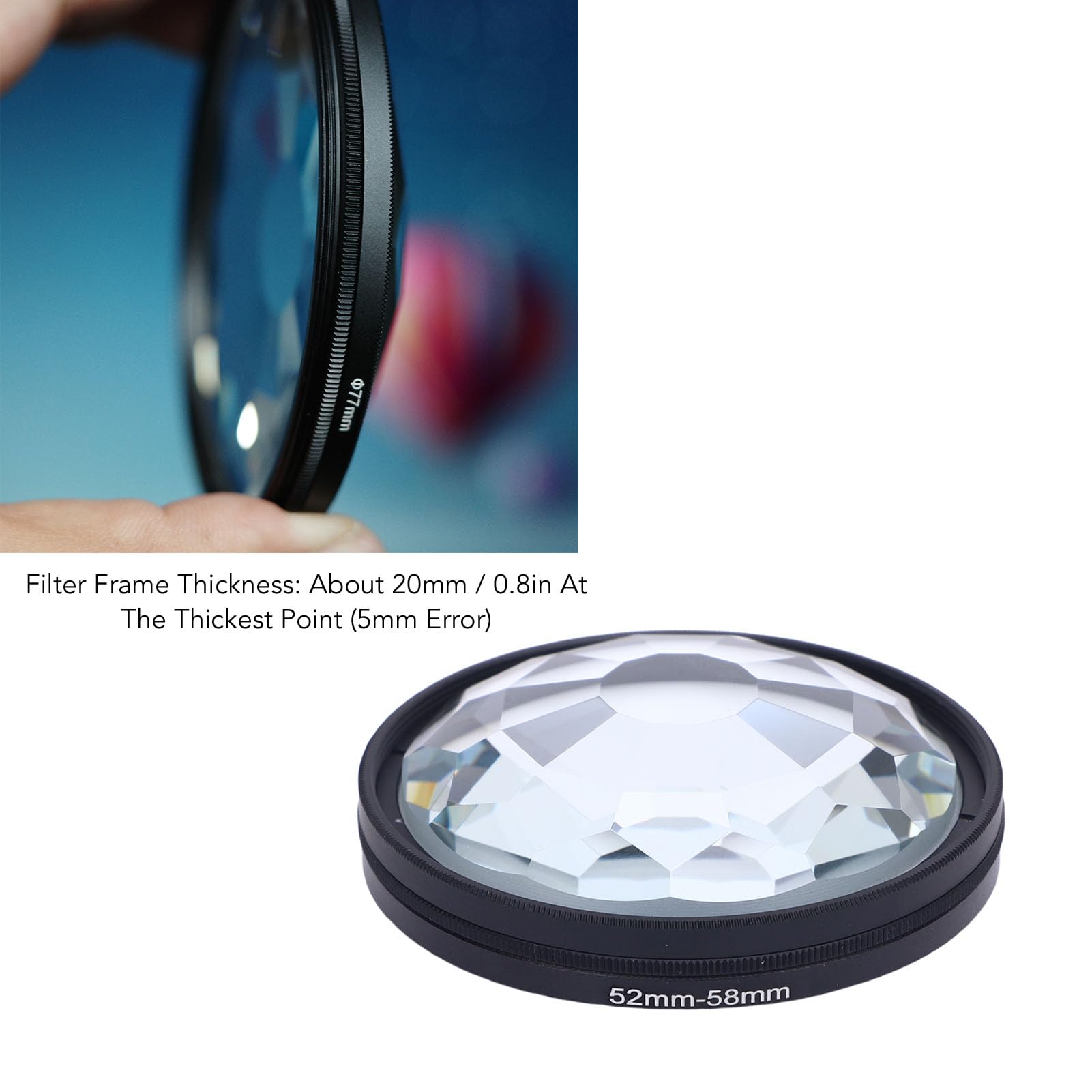 Filtre de Kaléidoscope de 58 Mm, Filtres à Effet D'objectif de la Caméra avec Anneau D'adaptateur 52 Mm 58 Mm, Compatible avec L'objectif 52 Mm, Verre Cristallin Prism pour la
