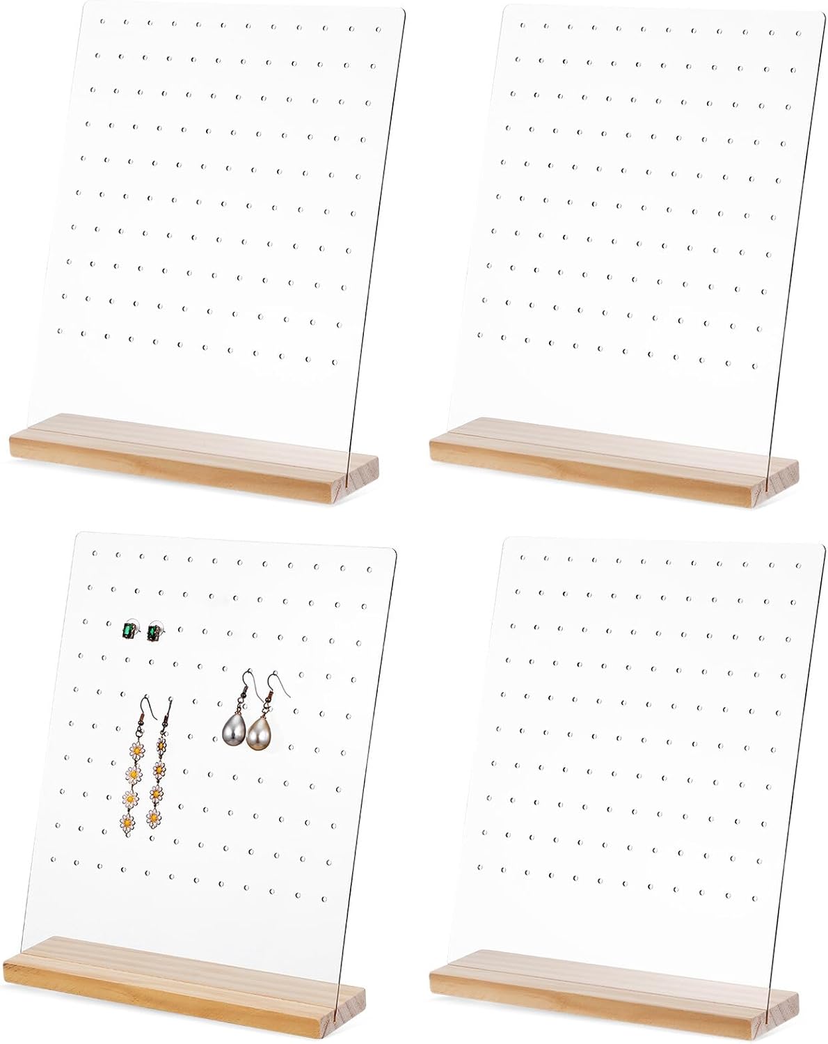 Beavorty 4 Pieces 120-hole Acrylic Earring Display Stand with Detachable Wood Base, Earring Holder Organizer for Women, Jewelry Storage Rack for Store and Home Use