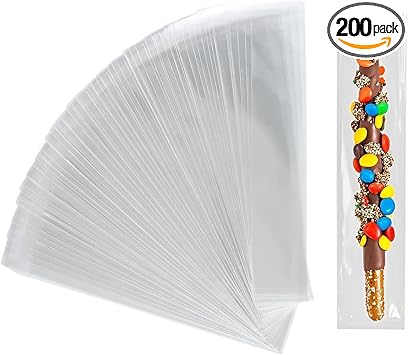 COOLAKE Clear Pretzel Bags - 200 Pcs 2x9.8 Inch Clear Self Sealing Cellophane Bags for Pretzel Rods, Ideal for Chocolate, Bakery, Cookies and Candies