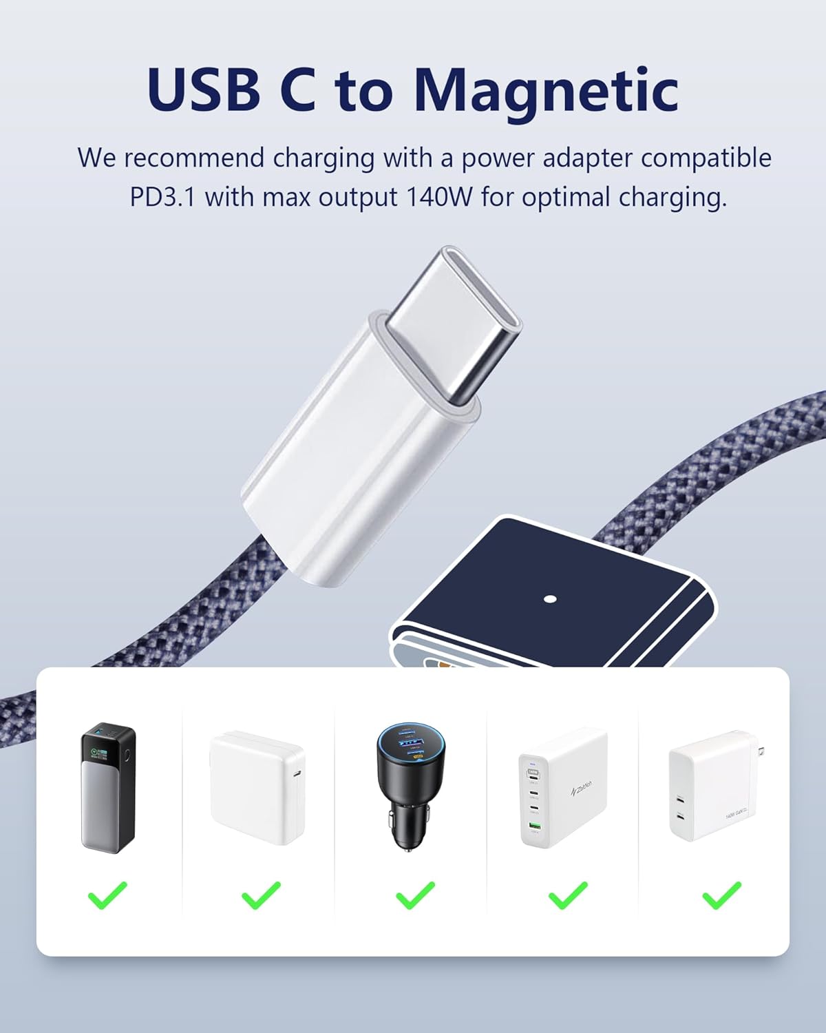 DERLULU Upgraded Magnetic Charging Cable for MacBook, 6.6FT USB-C to Magnetic, Reinforced Fast Charging Cord for MacBook Air & Pro 2021–2026, Midnight