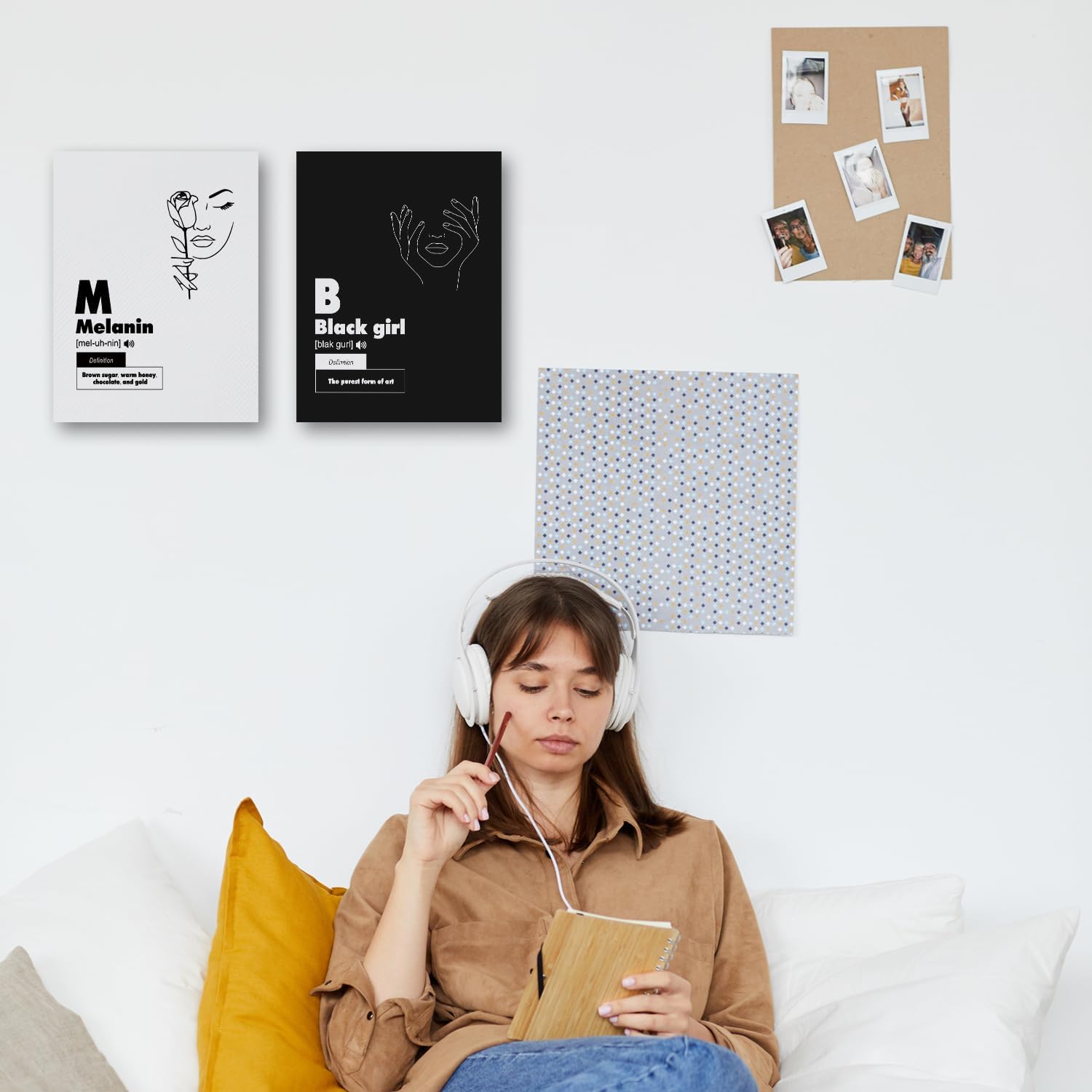 JINYO Melanin Black Girl Canvas Wall Art Framed, Black and White Abstract Minimalist Line African American Woman Poster Prints Wall Decor for Girls Bedroom Dorm, 11x14 Inch Set of 2