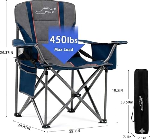 Miniatura 3 de FAIR WIND Paquete de 2 sillas de campamento resistentes, sillas plegables acolchadas de gran tamaño para personas grandes y altas (450 libras), Azul