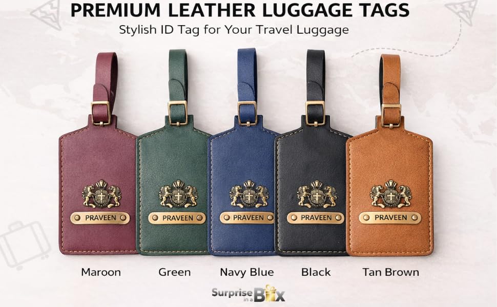 Image of Personalised Leather Family Travel Gift, Tan Luggage Tags in Gift Box (Multicolor)