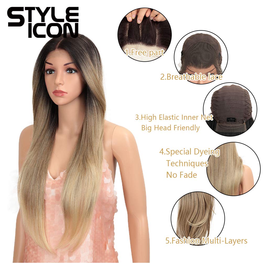 Style Icon Easy-360 Lace Wigs 28" Free Part Lace Frontal Wigs Long Straight Wig Ombre Blonde Synthetic Wig(28", SOP 22613)