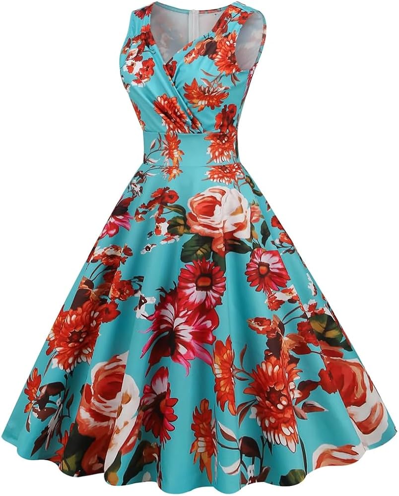 ladies dress names list Womens V-Neck Casual Floral Vintage Swing Lady Slim Party Dresses Black M at Amazon Women's Clothing store types dress names list