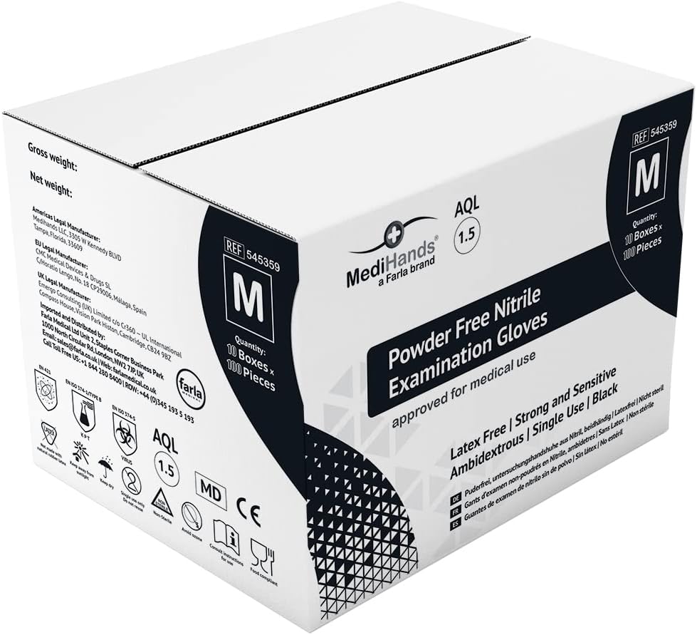 Farla MedicalMediHands Black Nitrile Gloves | Powder Free | Latex Free | Large | Pack of 100