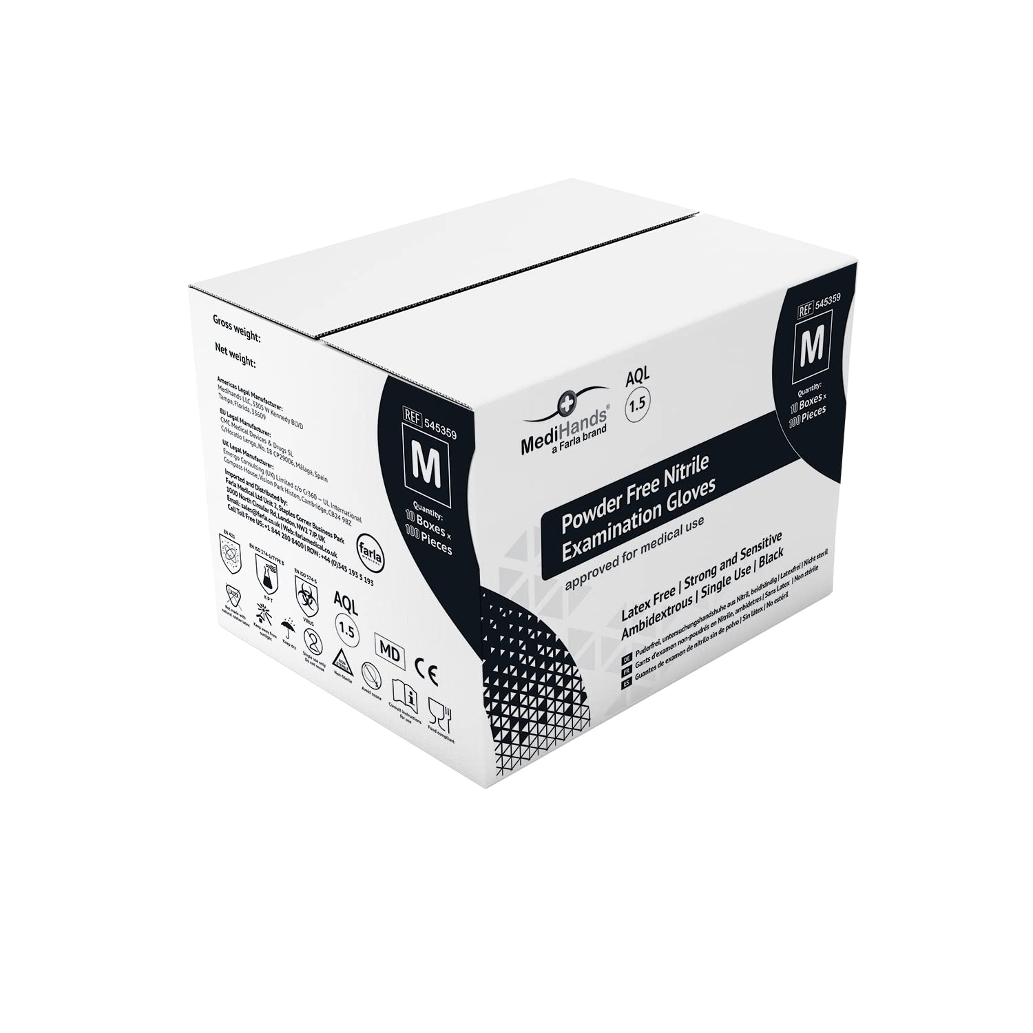 Farla MedicalMediHands Black Nitrile Gloves | Powder Free | Latex Free | Large | Pack of 100