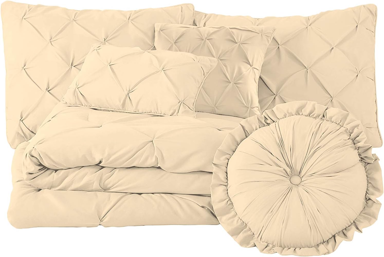 Velosso 100% Egyptian Cotton 7-Piece Pinch Pleat Pintuck Bedding Comforter Set, 1000 Thread Count (Queen, Ivory)