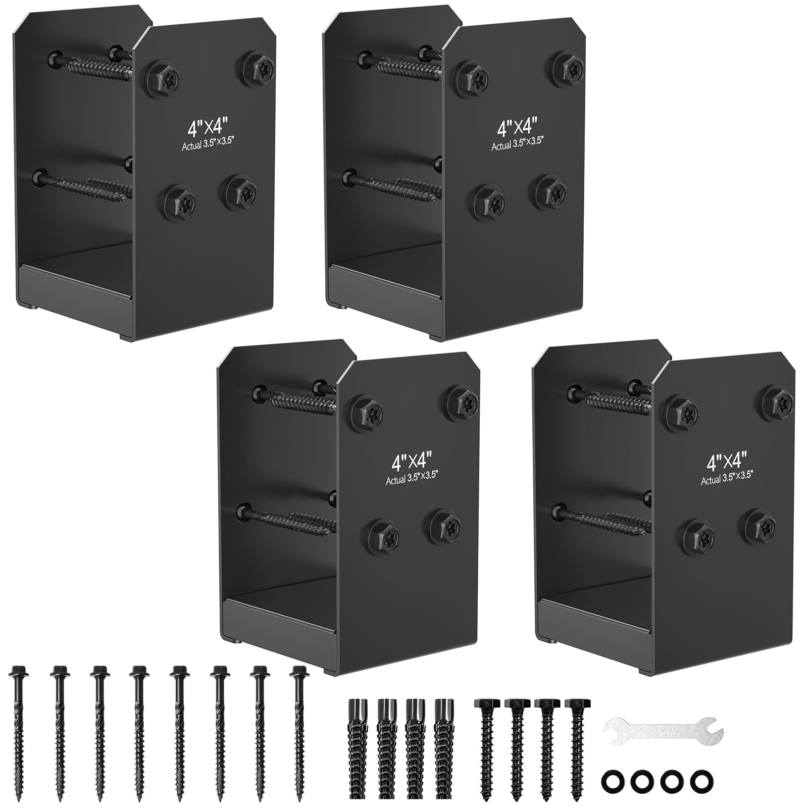Photo 1 of FMhotu 4x4 Stainless Steel Post Base,Internal 3.5 x 3.5 Anchor Bracket,Deck Concrete Support Anchor for Deck Railing, Fences, Mailboxes (4Pcs Black)