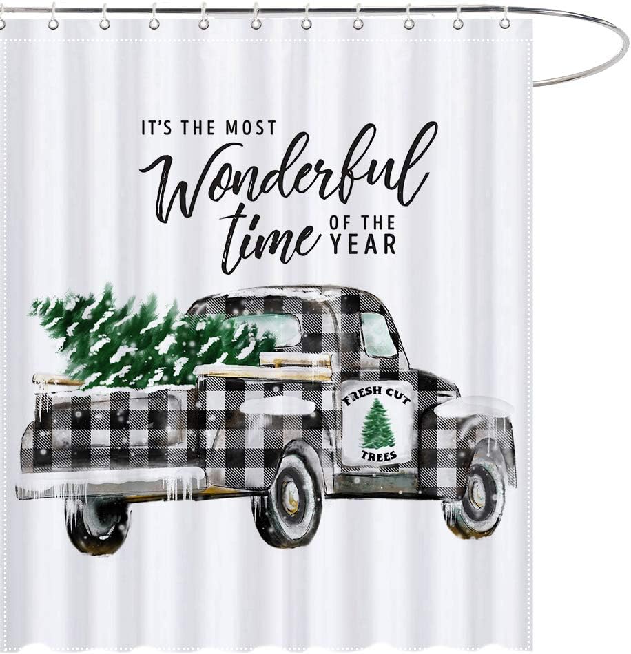MAEZAP Farmhouse Christmas Trees Truck Shower Curtain Black White Buffalo Check Plaids Bathroom Decor Waterproof Polyester with Hooks 69x70 Inches