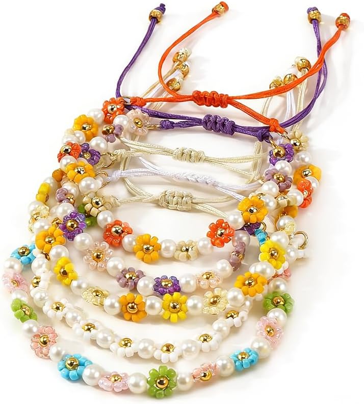 Boho Colorful Flower 5Pcs Stack Gold Plated Seed Bead Bracelets Set for Women, Cute Floral Lucky Rope Freshwater Pearl Adjustable String Jewelry, Spring Summer Wedding Friendship Gift