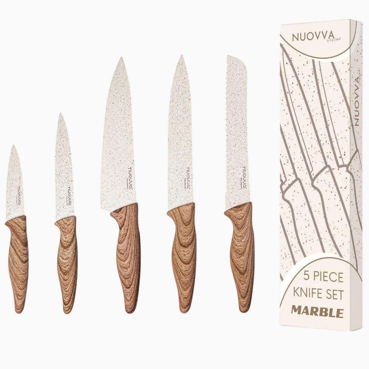 nuovva Professional Kitchen Knife Set – 5pcs Cream Granite Kitchen Knives – Stainless Steel Granite Non Stick Blades – Chefs, Filleting, Bread, Paring and Utility Knives