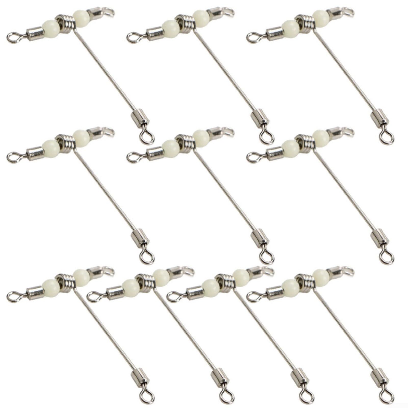 MIKMLYZE T-Shape Rolling Fishing Swivels with Luminous Beads Cross-Line Connector Stainless Steel for Sea Boat Rock and Lure Fishing Soft and Hard Bait Hook Spinner 10pcs Set White Silver(Large)