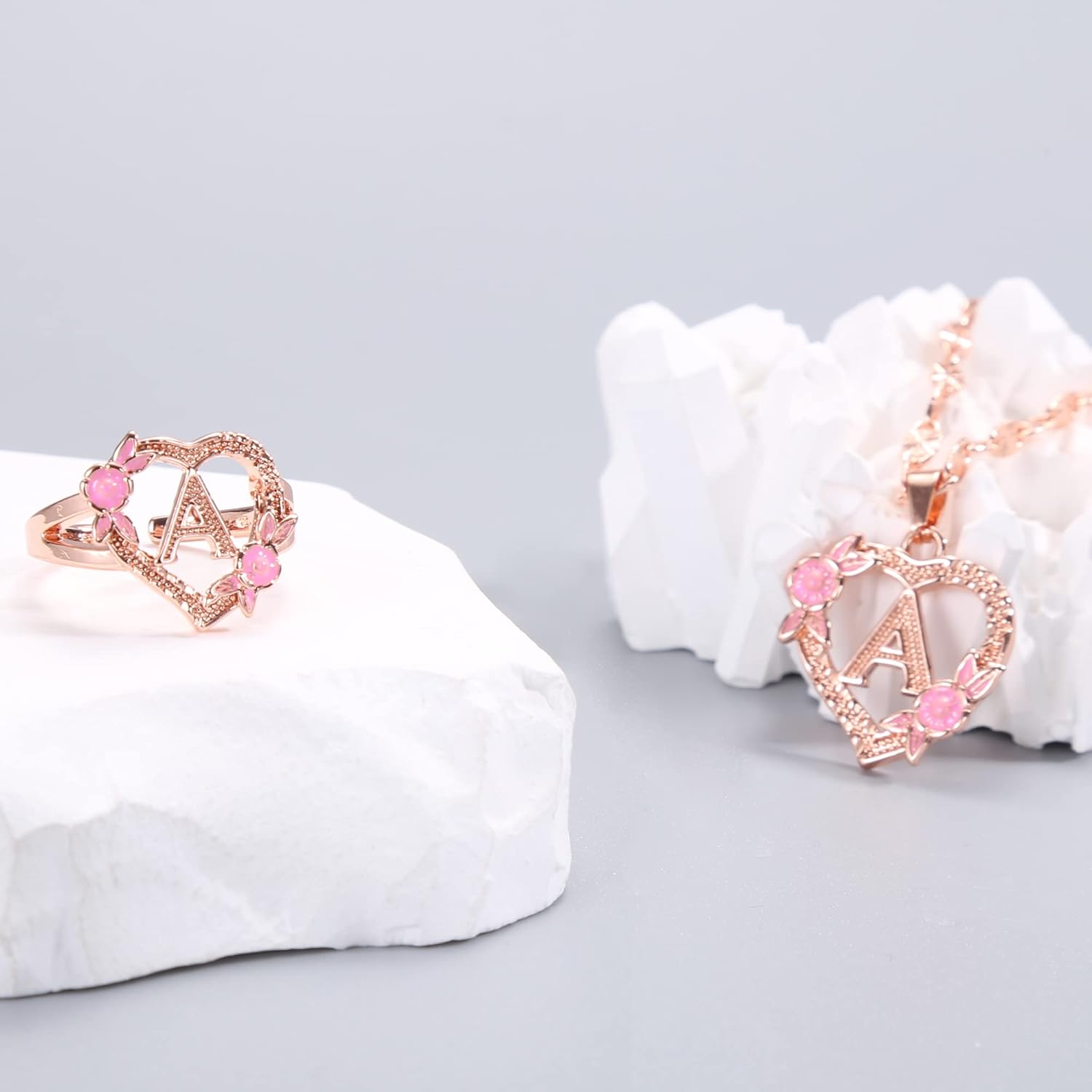 A Initial Necklaces for Girls Gold Letter M Heart Pendant Flower Necklaces Initial Rings with Rose Gift Box Set