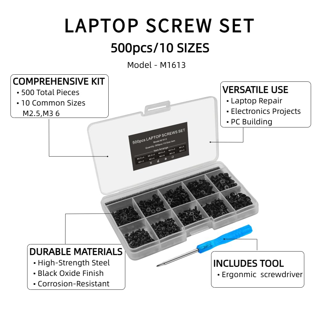 Mcsher 500pcs Laptop Notebook Screws Set for IBM HP Dell Lenovo Samsung Sony Toshiba Acer Gateway Screw Assortment Kit – with Screwdriver