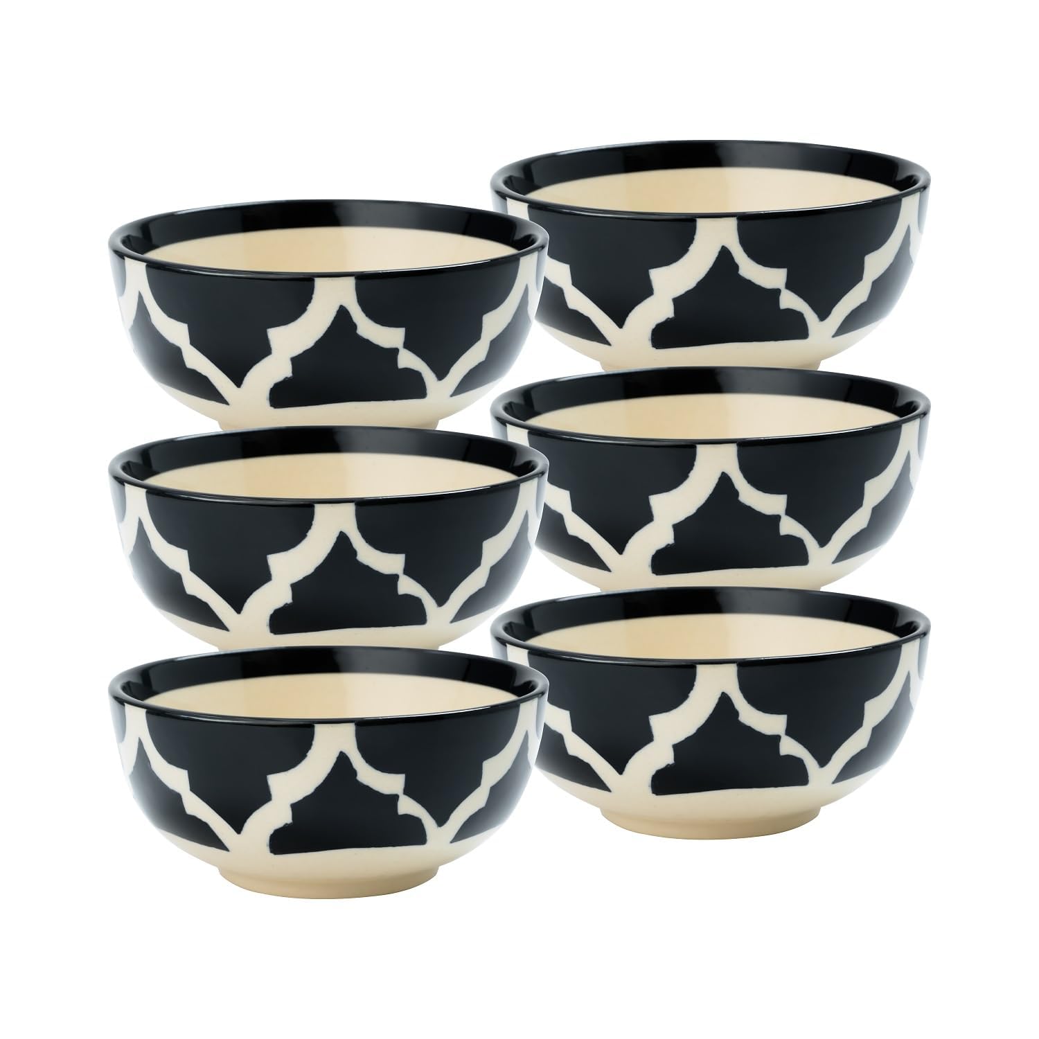 Ceramic Bowl Handmade Moroccan Trellis Design Dessert Bowls Katoris for Dinner 180 ML,Kitchen Serving Bowls Ideal for Snacks,Rice,Dal,Fruits,Salad,More Durable,Decorative (Black, 6)