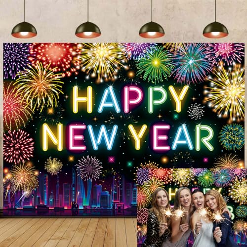 2026 Happy New Year Fondale Neon Fuochi d'artificio Capodanno Festa di Capodanno 2026 NYE sfondo fotografico decorazione per feste in famiglia (238,8 x 178 cm)