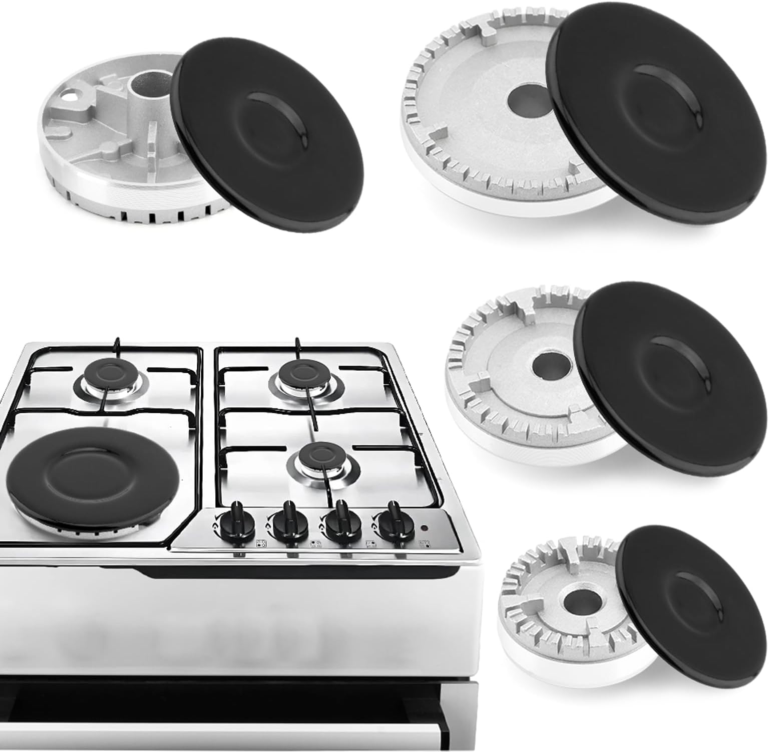 8 Pcs Cooker Hat Set, Oven Gas Hob Burner Crown Flame Cap Cover, Surface Gas Stove Burner Caps and Burner Head Replacement Kit 1 Large 1 Small 2 Middle (Dimensions in Images)