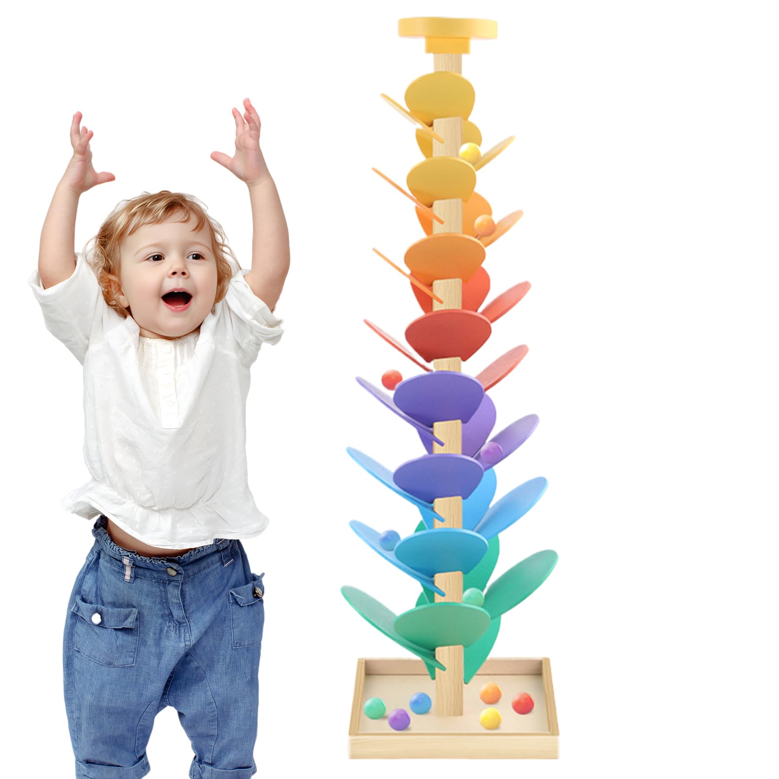 de madera con bolas cayentes, circuito educativo con bolas de mármol, juego de clasificación y reconocimiento de colores que integra música STEM para guardería y sala de juegos