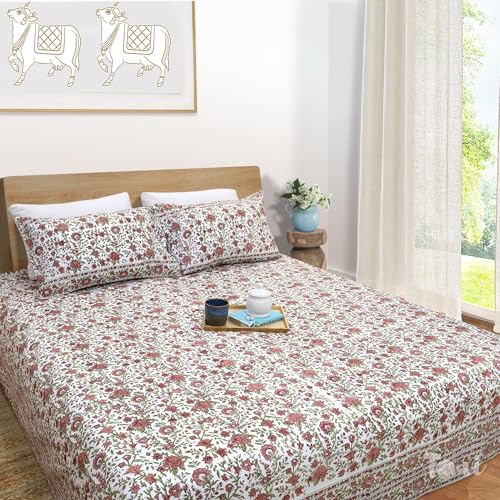 Image of TOAI Hand Block Printed Bedsheet | Bed Spread Flatsheet Bed Sheet | Pure Cotton | Double Bed King Size 108 inchx108 inch | 300 TC Long Staple Cotton | 2 Reversible Pillow Covers |Rust Floral Spread