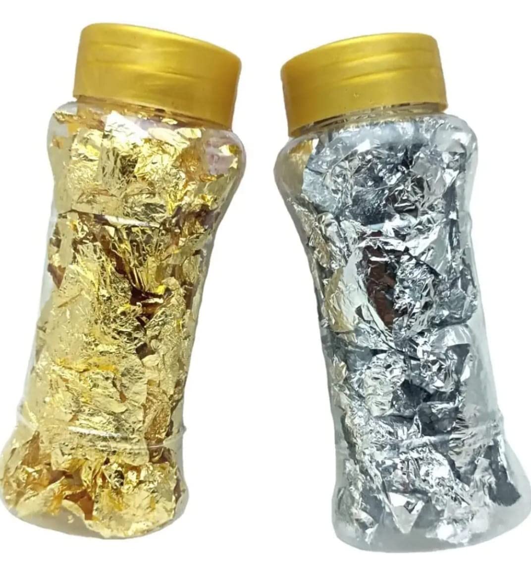 Galaxy 1 Golden foil Flake and 1 Silver foil Flake, Gold and Silver Leaf Flakes for Resin, Decorating, Nail Polish, Art and Craft (Pack of 2 Flakes)