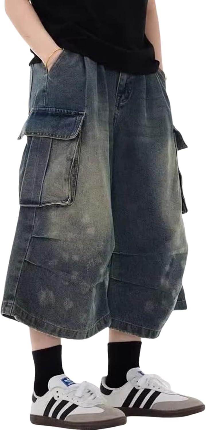FCOOLYEET Mens Camo Jeans Shorts Y2k Baggy Long Jorts Camouflage Denim Cargo Shorts for Men
