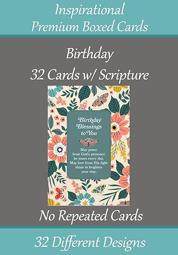 Tarjetas de cumpleaños, sin diseños repetidos, 32 tarjetas y diseños, surtido de tarjetas de felicitación cristianas/religiosas #1 ~ Escritura en