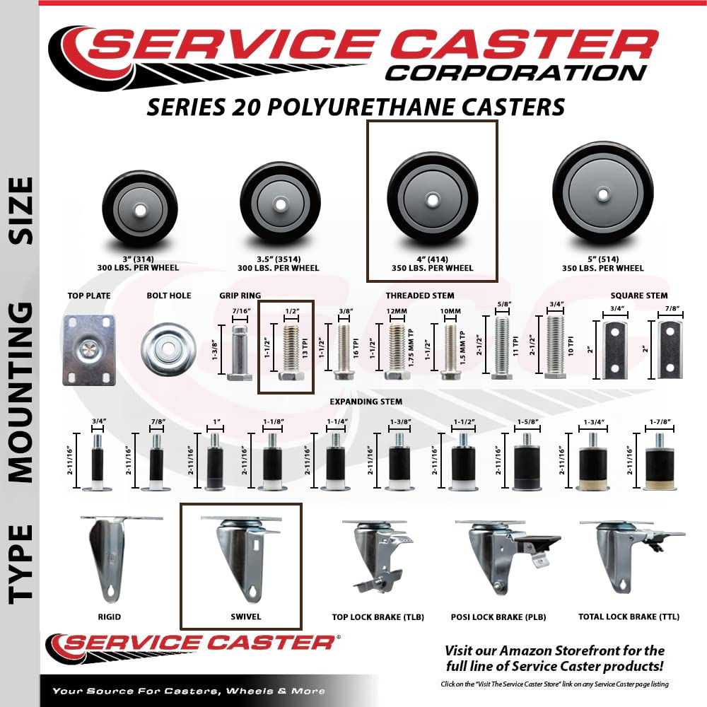 4" Swivel Caster with 1/2" Threaded Stem and Black Polyurethane Wheel - 350 lbs. Capacity - Service Caster Brand