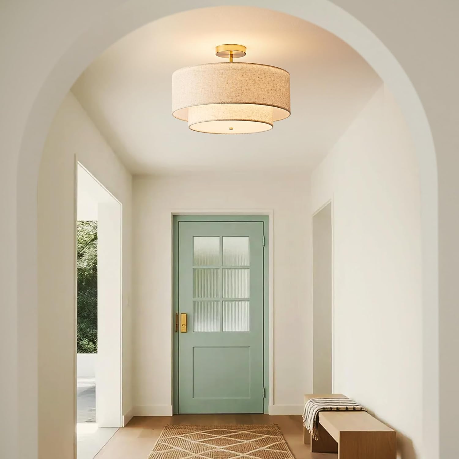 16" Double Drum Semi Flush Mount Ceiling Light, 3-Light Classic Fabric Linen Shade Design Farmhouse Gold Light Fixture for Living Room, Bedroom, Kitchen, Dining Room, Entryway, Hallway