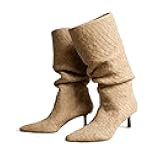 GORBINETI Women Mid Calf Kitten Heel Boots Suede Wrinkled Slouchy Pointed Toe Boots Pull On Fashion Winter Dress Boots