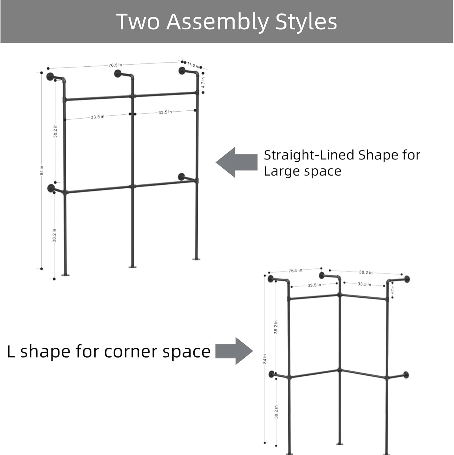 industrial pipe clothing racks wall mounted, rustic black industrial pipe clothes rack design - stylish & heavy duty corner garment racks, perfect for home or retail display 4rod-75.6"w black