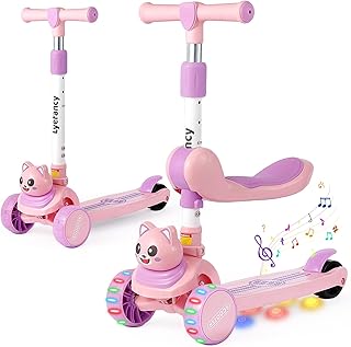 3-Rad-Roller für Kinder im Alter von 2–8 Jahren, 2-in-1-Kinderroller mit abnehmbarem Sitz, Klapproller mit Musik und leuchtenden Rädern, höhenverstellbar, durch Gewichtsverlagerung lenkbar
