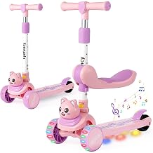 3 Wheel Scooter for Kids Age 2-8, Kids 2 in 1 Scooter with Detachable Seat, Childrens Folding Scooter with Music and Light up Wheels, Adjustable Height, Lean to Steer