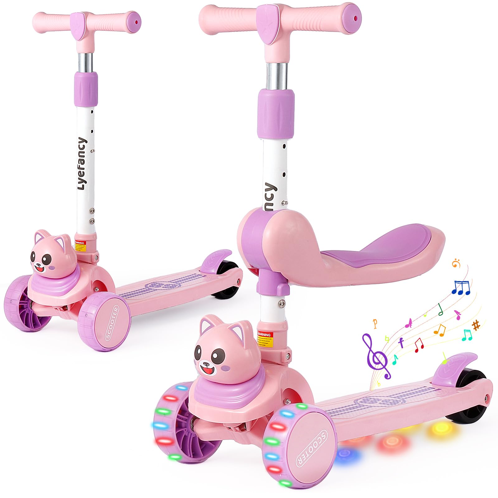 Lyefancy 3 Wheel Scooter for Kids Age 2-8, Kids 2 in 1 Scooter with Detachable Seat, Childrens Folding Scooter with Music and Light up Wheels, Adjustable Height, Lean to Steer(Pink+Purple)