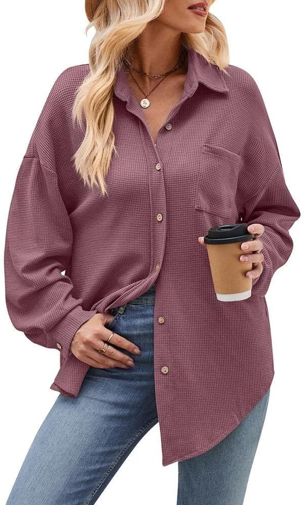 FMCHICO Waffle Button Down Shirt Women Casual Tops Long Sleeve Loose Fit Shacket with Pocket