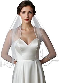 Bridal Veils Pearls and Crystals Beaded Edge Fingertip Length Wedding Veil for Women