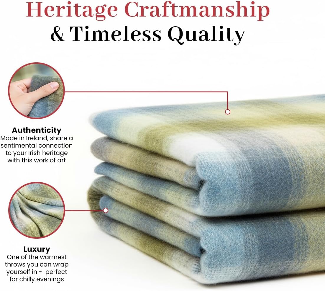 Biddy Murphy Ultra Soft Irish Mohair & Wool Throw Blanket, Made in Ireland, 54"x72", Cream/Pale Blue & Green/Grey Mix Block