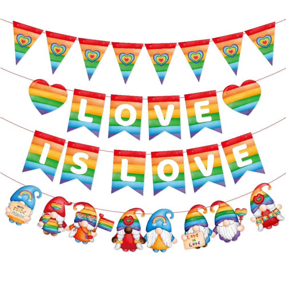 3 Pcs Rainbow Pride Month Party Decoration, LGBTQ Love is Love Gay Pride Day Gnome Hanging Bunting Banner Garland Flag Photo Background for Lesbian Transgender Parade Party Decoration Supplies