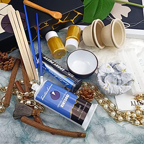 kintsukuroi Kintsugi Repair Kit, Kintsugi Craft Repair Your Meaningful Pottery with Gold Powder Glue and Epoxy Putty, Kintsugi Ceramic Repair Starter Kit Perfect for Beginners, with Two Ceramic Cups