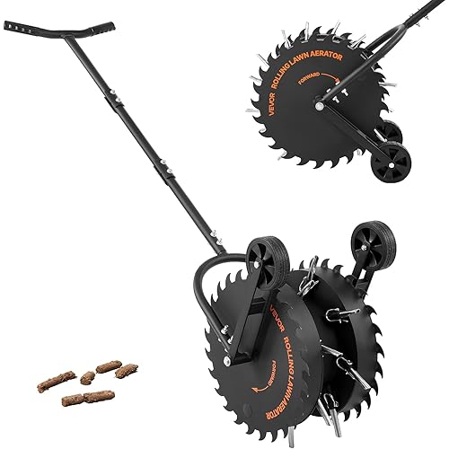 VEVOR Rolling Lawn Core Aerator, 16.6 in Coring Aerator Roller with Anti-Clog Tines, Heavy Duty & Rust-Resistant, Yard Grass Pulling Plugs Manual Aeration Tool for Compacted Garden Soil Loosening