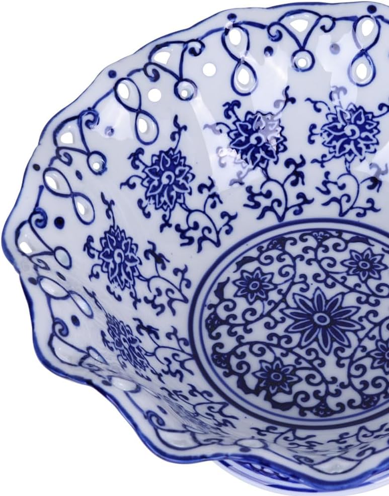 9.4in Blue and White Ceramic Fruit Bowl, Porcelain Decoration Bowl, Fruit Serving Plate,Storage Bowl,Decorative Pedestal Bowl for Table Countertop,Kitchen Island Centerpiece, Home Dining Décor